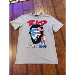 Mad Engine Graphic T-Shirt Mens Medium Gray Good Rad White Blue Abraham Lincoln
